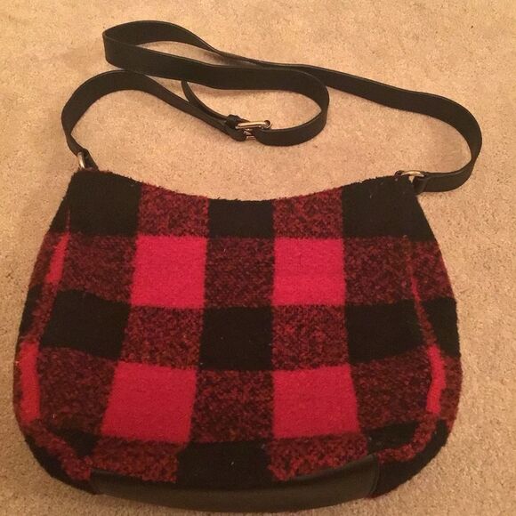 Talbots Wool Blend Red/Black Buffalo Plaid Crossbody Leather Trim Bag - Picture 3 of 8